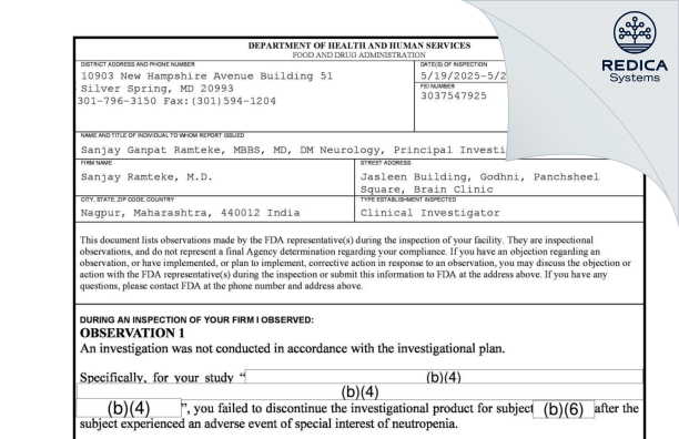 FDA 483 - Sanjay Ramteke, M.D. [Nagpur / India] - Download PDF - Redica Systems