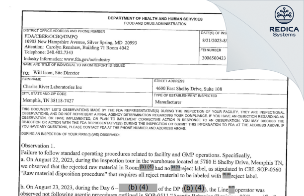 FDA 483 - Charles River Laboratories, Inc. [Memphis / United States of America] - Download PDF - Redica Systems