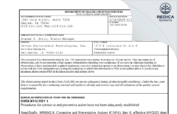 FDA 483 - Nelson Enviromental Technologies, Inc. [Arlington / United States of America] - Download PDF - Redica Systems
