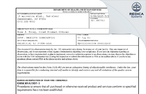 FDA 483 - ONTEL PRODUCTS CORPORATION [Fairfield / United States of America] - Download PDF - Redica Systems