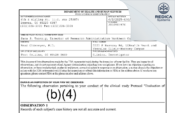 FDA 483 - Brad Oldemeyer, M.D. [Fort Collins / United States of America] - Download PDF - Redica Systems