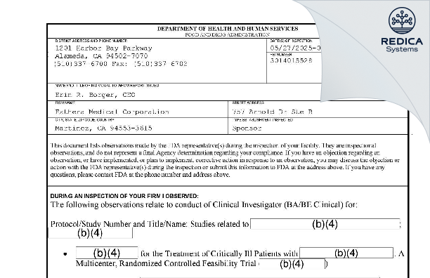 FDA 483 - EXTHERA MEDICAL CORPORATION [Martinez / United States of America] - Download PDF - Redica Systems
