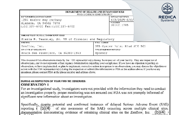 FDA 483 - Zenflow, Inc. [South San Francisco / United States of America] - Download PDF - Redica Systems