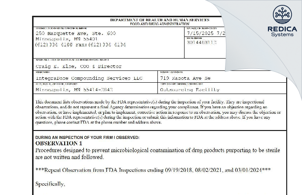 FDA 483 - IntegraDose Compounding Services LLC [Minneapolis / United States of America] - Download PDF - Redica Systems