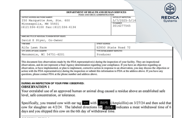 FDA 483 - Alfa Lawn Farm [Menomonie / United States of America] - Download PDF - Redica Systems