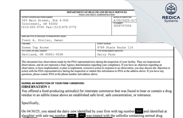 FDA 483 - Green Top Acres [Haviland / United States of America] - Download PDF - Redica Systems