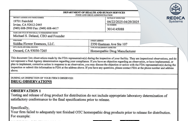 FDA 483 - SIDDHA FLOWER ESSENCES [Oxnard / United States of America] - Download PDF - Redica Systems