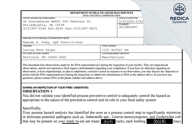 FDA 483 - Prime Packing Partners, LLC [Hatfield / United States of America] - Download PDF - Redica Systems