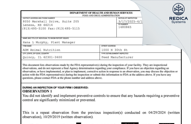FDA 483 - ADM Animal Nutrition [Quincy / United States of America] - Download PDF - Redica Systems