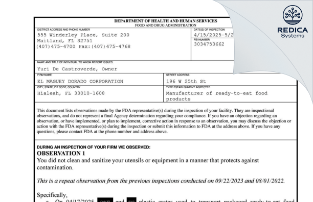FDA 483 - EL MAGUEY DORADO COROPORATION [Hialeah / United States of America] - Download PDF - Redica Systems