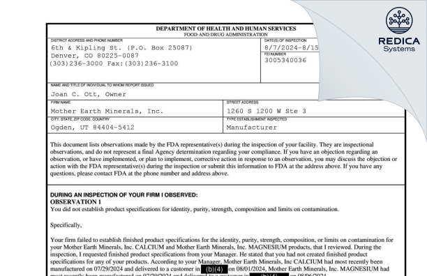 FDA 483 - Mother Earth Minerals, Inc. [Ogden / United States of America] - Download PDF - Redica Systems