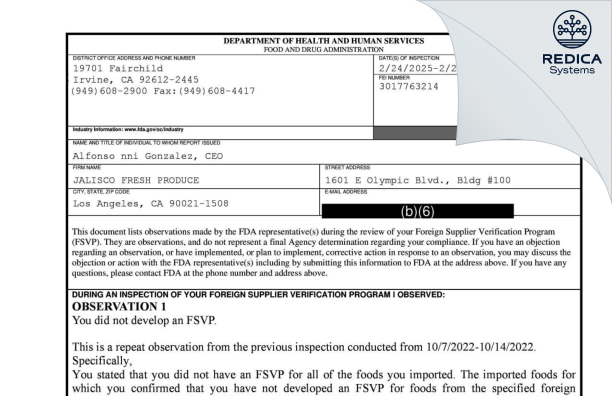 FDA 483 - JALISCO FRESH PRODUCE [Los Angeles / United States of America] - Download PDF - Redica Systems