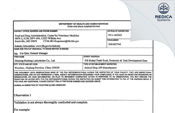 FDA 483 - Zhejiang Ruibang Laboratories [Wenzhou / China] - Download PDF - Redica Systems
