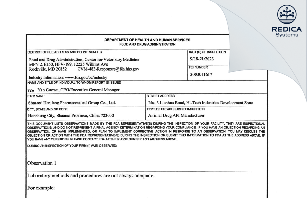 FDA 483 - Shaanxi Hanjiang Pharmaceutical Group Co., Ltd. [Hantai / China] - Download PDF - Redica Systems