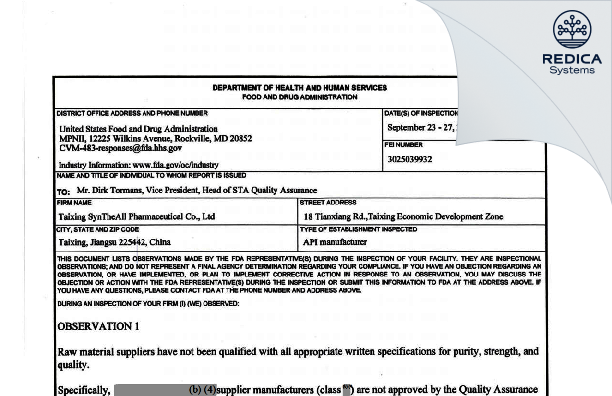 FDA 483 - Taixing SynTheAll Pharmaceutical Co., Ltd [Taixing / China] - Download PDF - Redica Systems