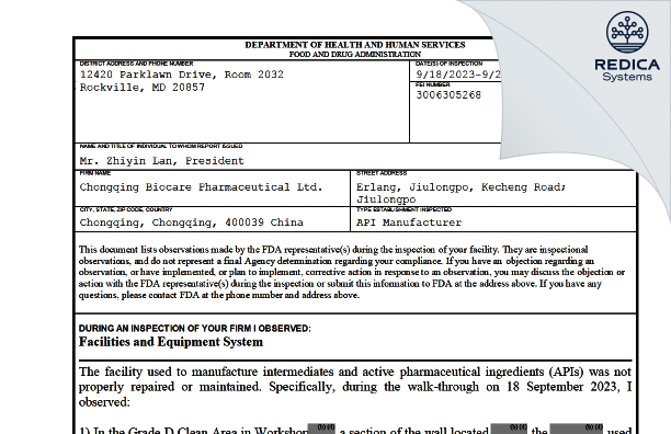 FDA 483 - Chongqing Biocare Pharmaceutical Ltd. [Erlang / China] - Download PDF - Redica Systems