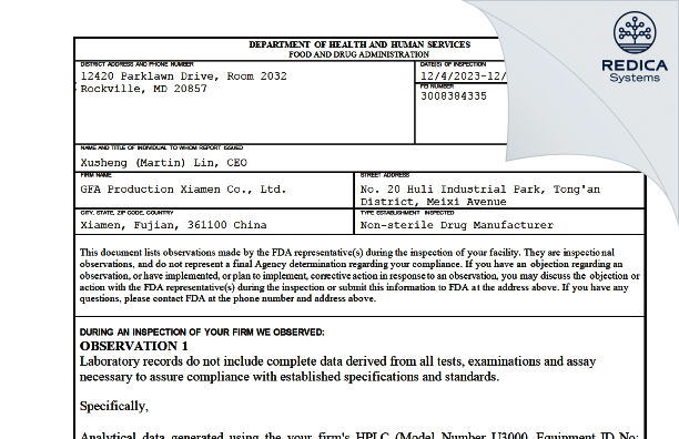 FDA 483 - GFA Production (Xiamen) Co., Ltd. [Amoy / China] - Download PDF - Redica Systems