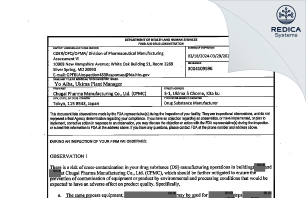 FDA 483 - Chugai Pharma Manufacturing Co., Ltd [Ukima / Japan] - Download PDF - Redica Systems