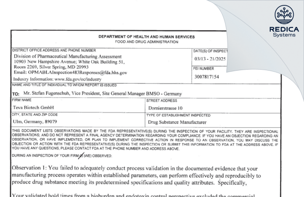 FDA 483 - Teva Biotech GmbH [Ulm / Germany] - Download PDF - Redica Systems