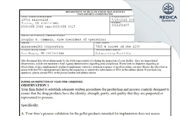 FDA 483 - AnazaoHealth Corporation [Las Vegas / United States of America] - Download PDF - Redica Systems