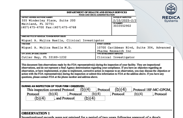 FDA 483 - Miguel A. Mujica Baella M.D. [Cutler Bay / United States of America] - Download PDF - Redica Systems