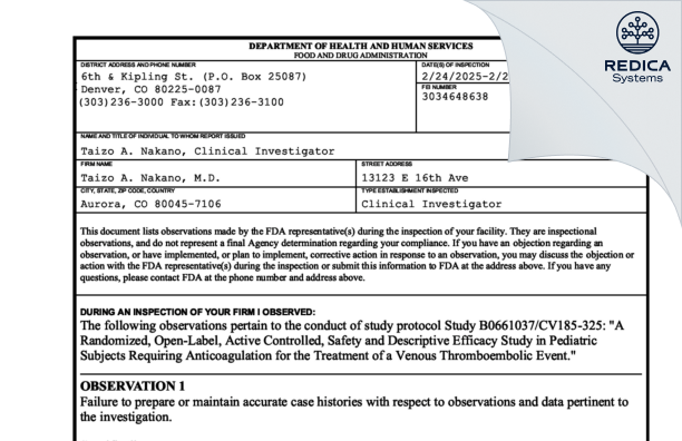 FDA 483 - Taizo A. Nakano, M.D. [Aurora / United States of America] - Download PDF - Redica Systems