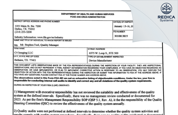 FDA 483 - C4 Imaging LLC [Doylestown / United States of America] - Download PDF - Redica Systems