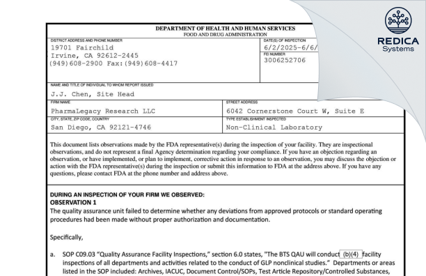 FDA 483 - Samm Solutions, Inc (dba) BTS Research [San Diego / United States of America] - Download PDF - Redica Systems