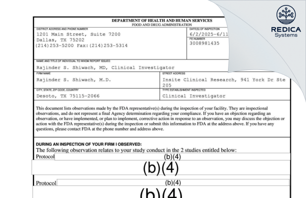 FDA 483 - Rajinder S. Shiwach, M.D. [Desoto / United States of America] - Download PDF - Redica Systems