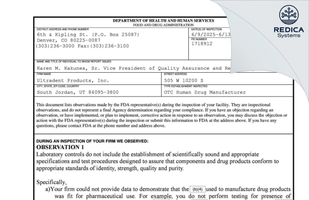 FDA 483 - Ultradent Products, Inc. [South Jordan / United States of America] - Download PDF - Redica Systems