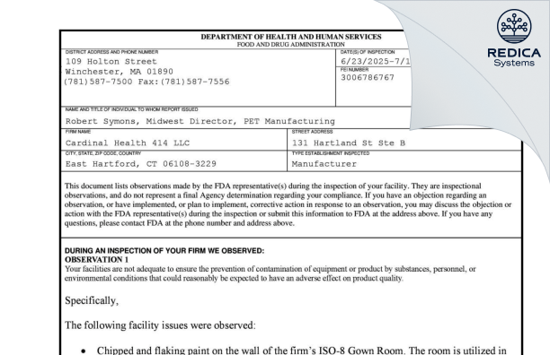 FDA 483 - Cardinal Health 414, LLC [East Hartford / United States of America] - Download PDF - Redica Systems