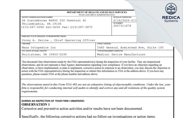 FDA 483 - Maxx Ortopedics Inc [Plymouth Meeting / United States of America] - Download PDF - Redica Systems
