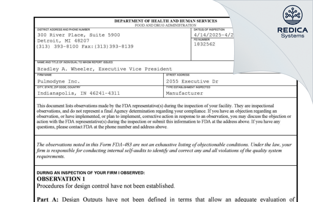 FDA 483 - Engineered Medical Systems,Inc [Indianapolis / United States of America] - Download PDF - Redica Systems