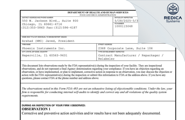 FDA 483 - Phoenix Instruments Inc. [Naperville / United States of America] - Download PDF - Redica Systems