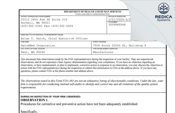FDA 483 - HatchMed Corporation [Seattle / United States of America] - Download PDF - Redica Systems