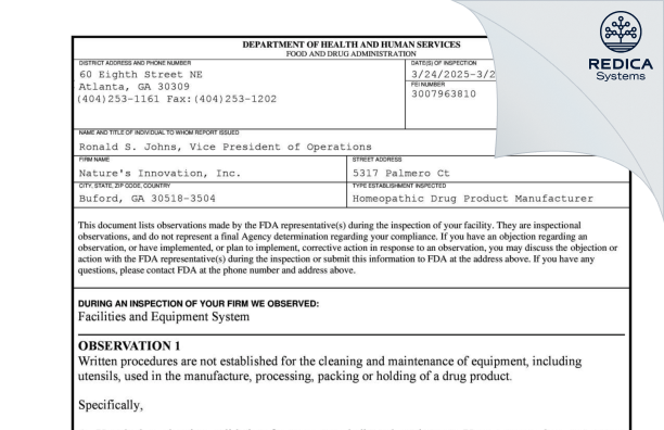 FDA 483 - Nature's Innovation, Inc. [Buford / United States of America] - Download PDF - Redica Systems