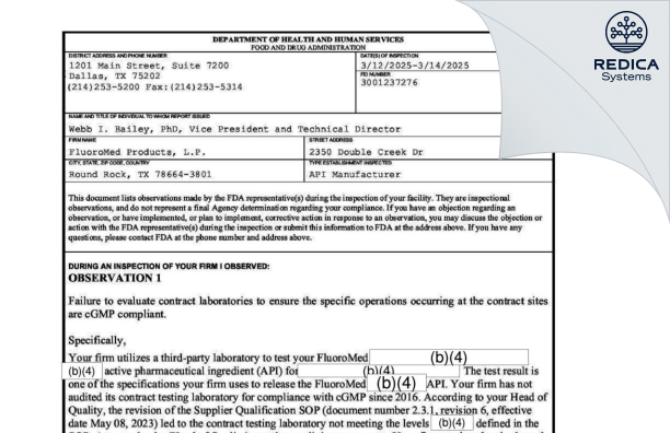 FDA 483 - FluoroMed Products, L.P. [Round Rock / United States of America] - Download PDF - Redica Systems