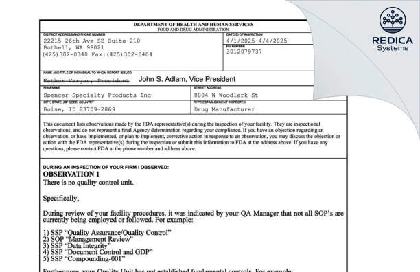 FDA 483 - Spencer Specialty Products, Inc [Boise / United States of America] - Download PDF - Redica Systems
