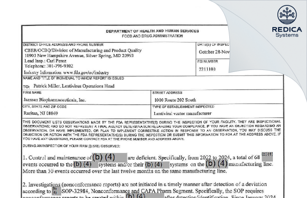 FDA 483 - Janssen Pharmaceuticals Inc. [Raritan / United States of America] - Download PDF - Redica Systems