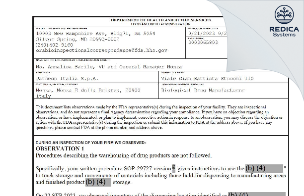 FDA 483 - Patheon Italia S.p.A [Monza / Italy] - Download PDF - Redica Systems