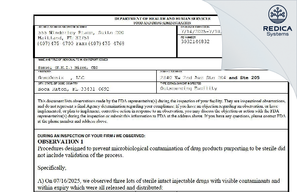 FDA 483 - GenoGenix LLC [Boca Raton / United States of America] - Download PDF - Redica Systems