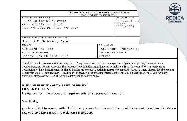 FDA 483 - Old Carolina Farm [Ijamsville / United States of America] - Download PDF - Redica Systems