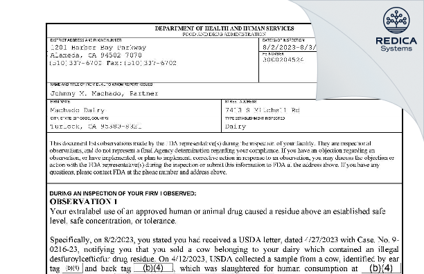 FDA 483 - Machado Dairy [Turlock / United States of America] - Download PDF - Redica Systems