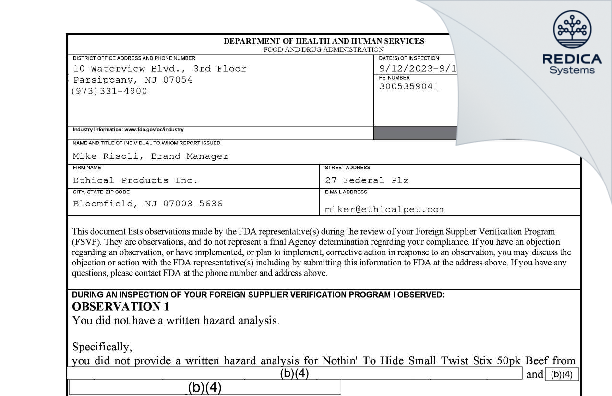 FDA 483 - Ethical Products Inc. [Bloomfield / United States of America] - Download PDF - Redica Systems