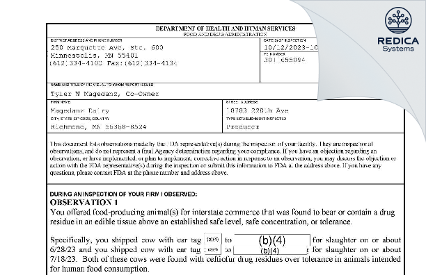 FDA 483 - Magedanz Dairy [Richmond / United States of America] - Download PDF - Redica Systems