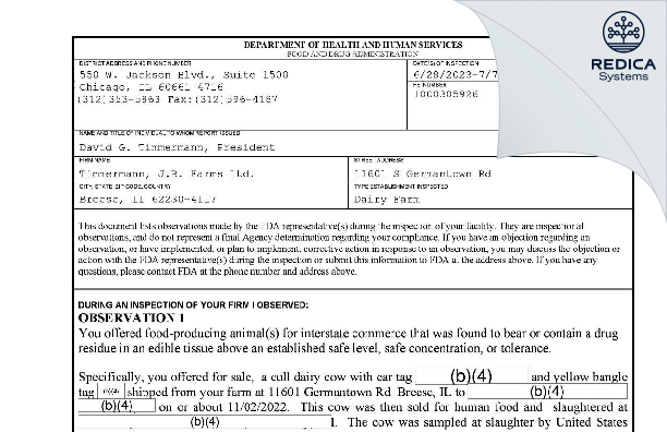 FDA 483 - Timmermann, J.B. Farms Ltd. [Breese / United States of America] - Download PDF - Redica Systems
