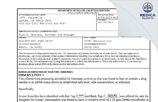 FDA 483 - BOSCHMA AND SONS DAIRY [Wasco / United States of America] - Download PDF - Redica Systems