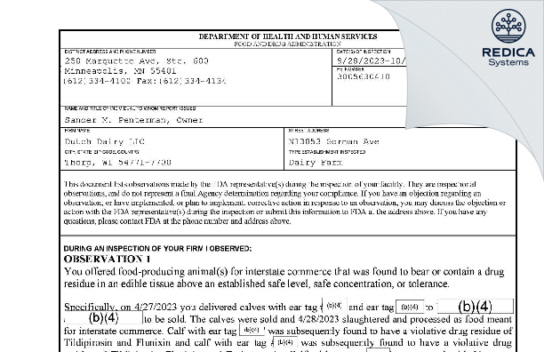FDA 483 - Dutch Dairy LLC [Thorp / United States of America] - Download PDF - Redica Systems