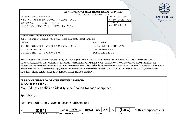 FDA 483 - Salud Natural Entrepreneur, Inc. [Waukegan / United States of America] - Download PDF - Redica Systems