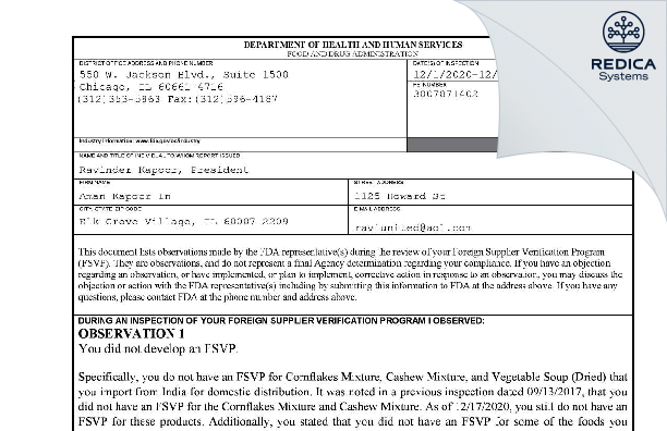 FDA 483 - Aman Kapoor In [Elk Grove Village / United States of America] - Download PDF - Redica Systems